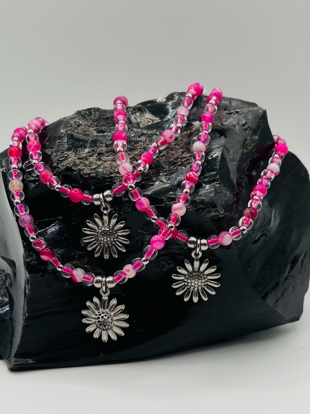 *ANKLET* S.Steel Flower & Pink Agate & Crystal Stretchy Anklet